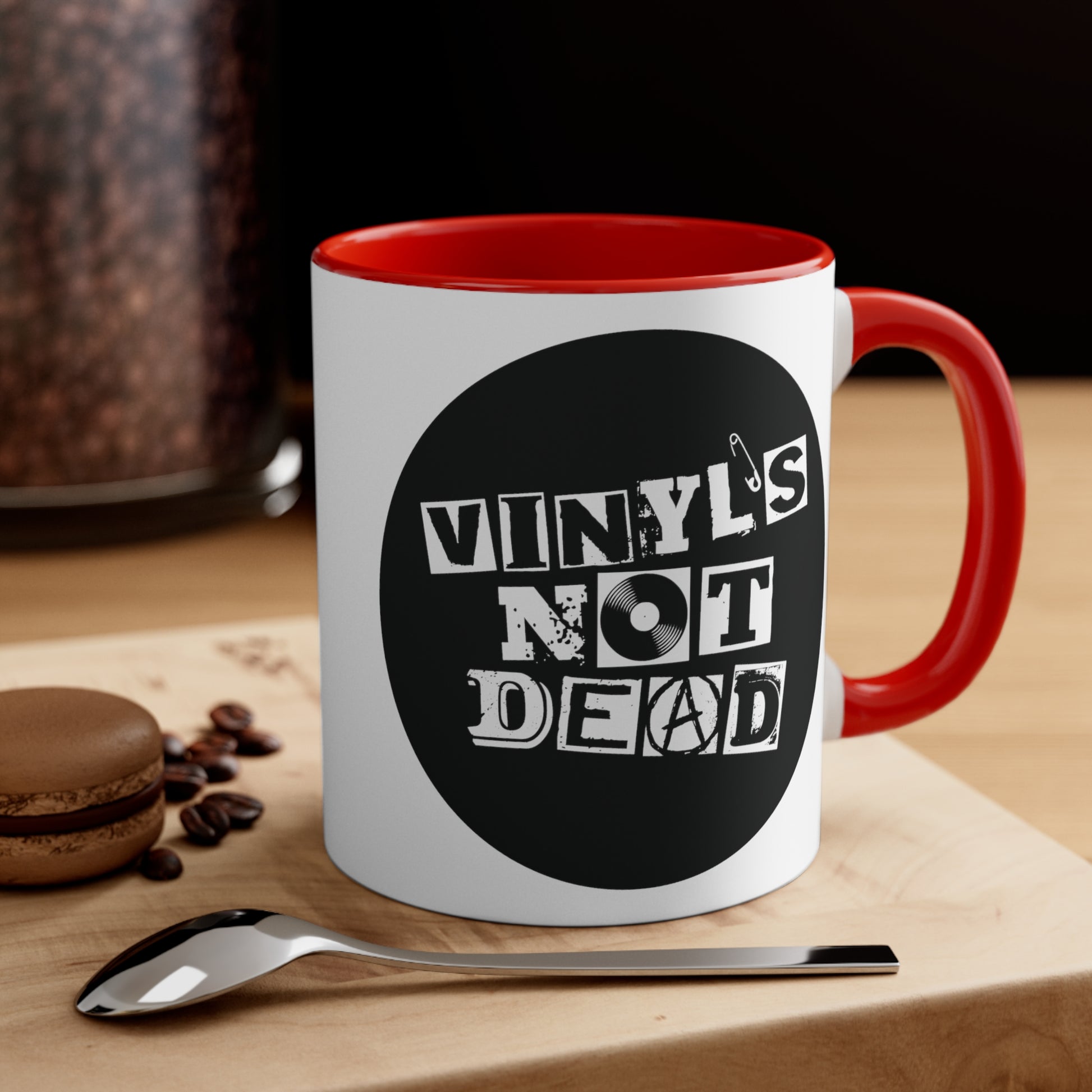 Vinyl Record Themed 11oz Accent Coffee Mug - Vinyl is Not Dead Red