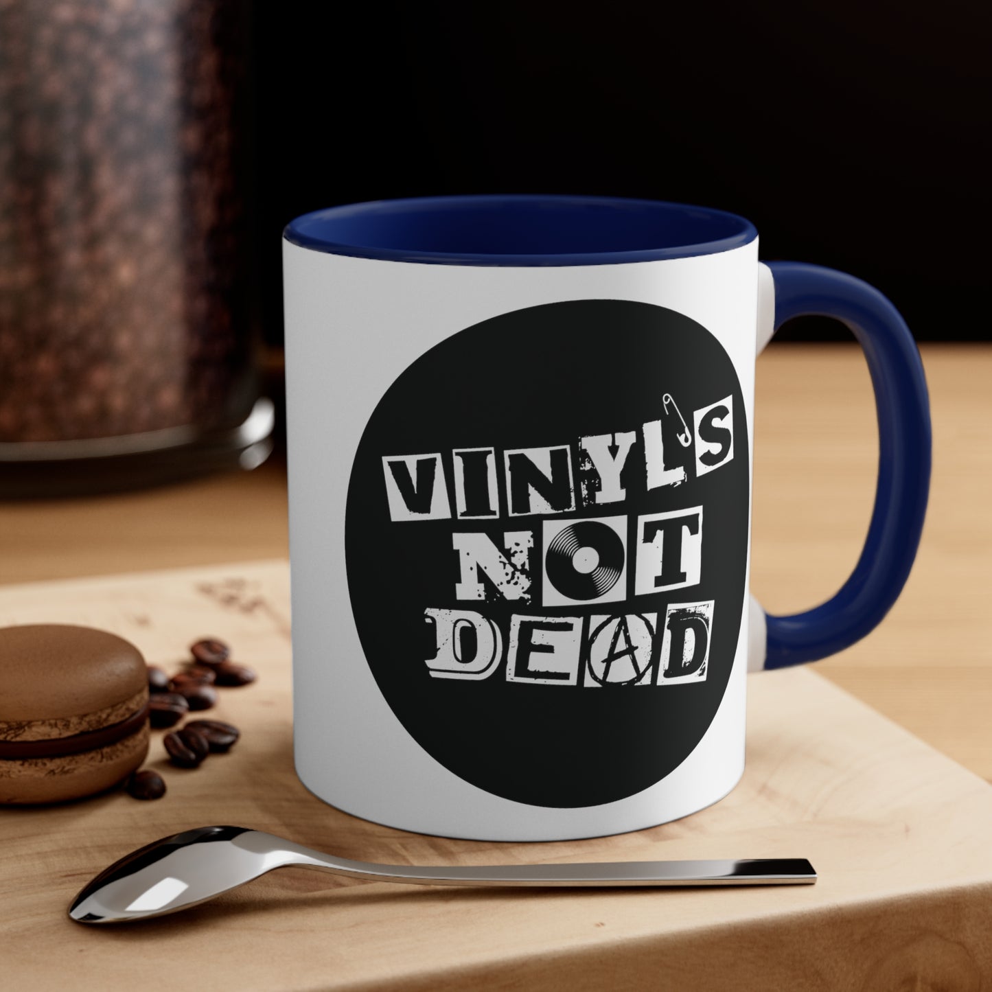 Vinyl Record Themed 11oz Accent Coffee Mug - Vinyl is Not Dead Navy