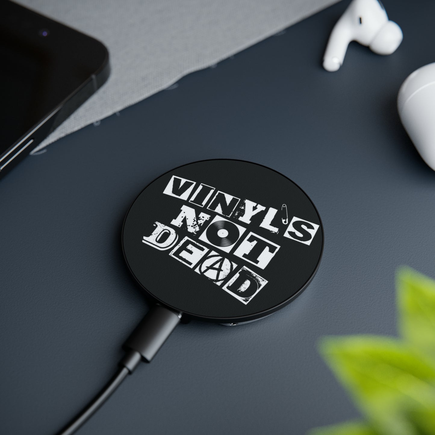 Vinyl Record Themed Magnetic Induction Charger with Vinyl is Not Dead Print on desk