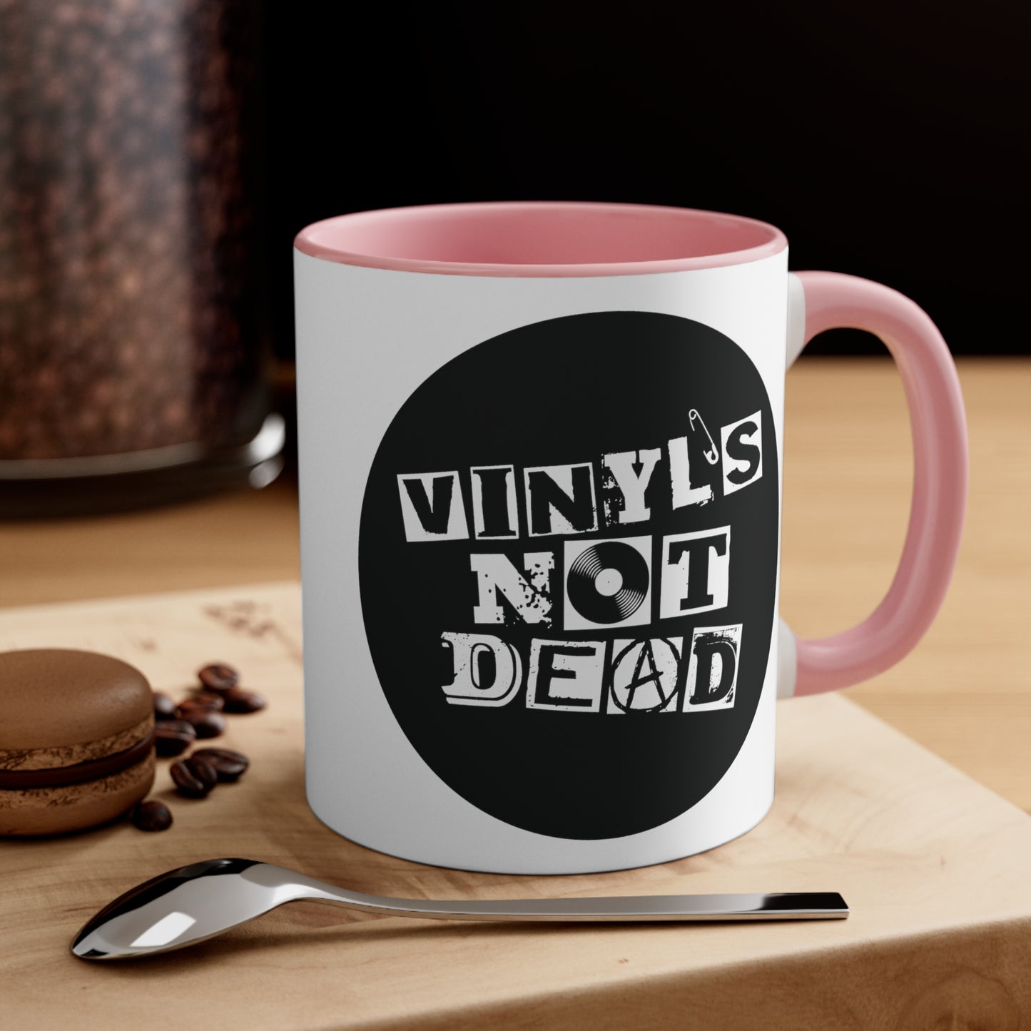 Vinyl Record Themed 11oz Accent Coffee Mug - Vinyl is Not Dead Pink